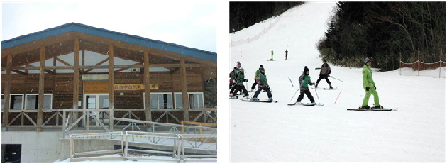 スキー場ロッジの外観の写真とスキーを楽しむ人の写真.jpeg