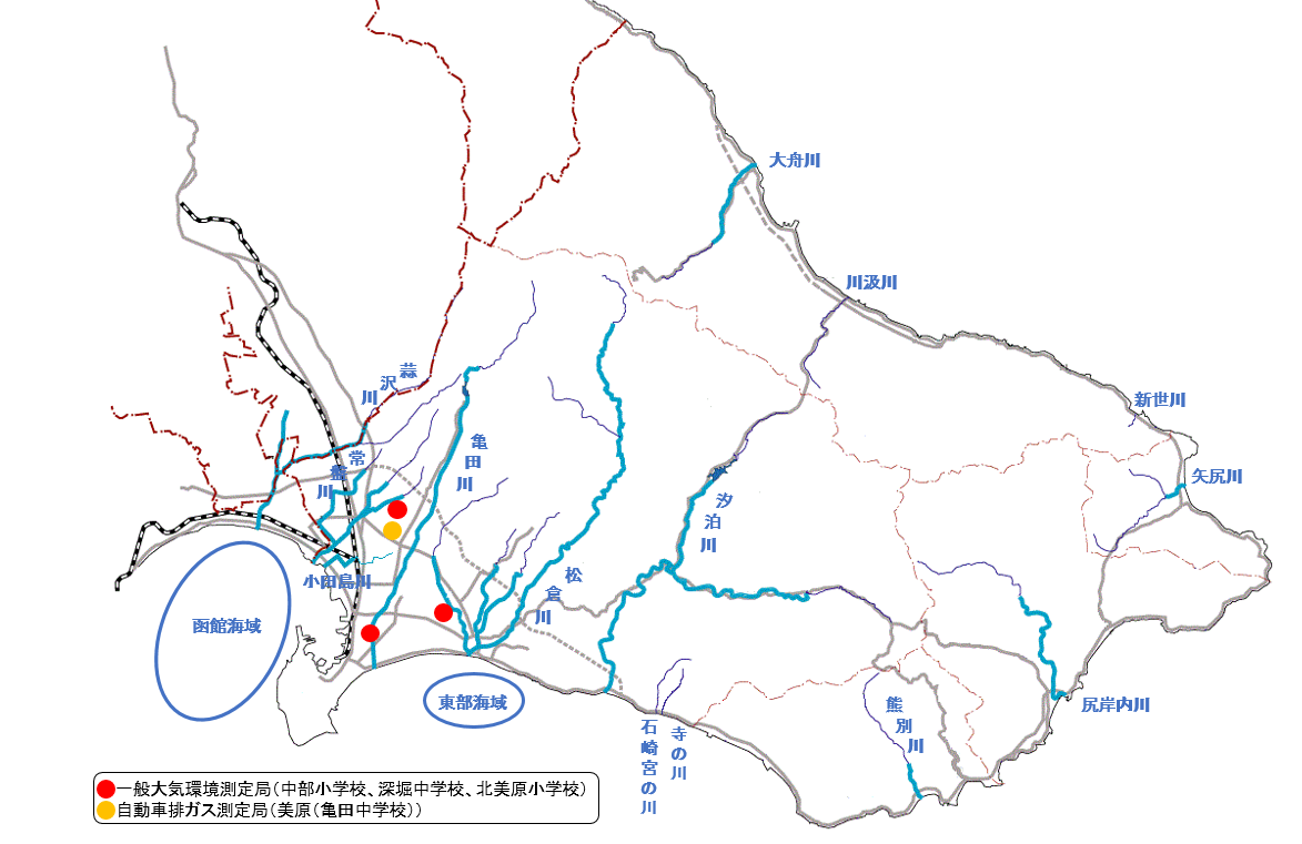 大気環境と水環境の測定地点図