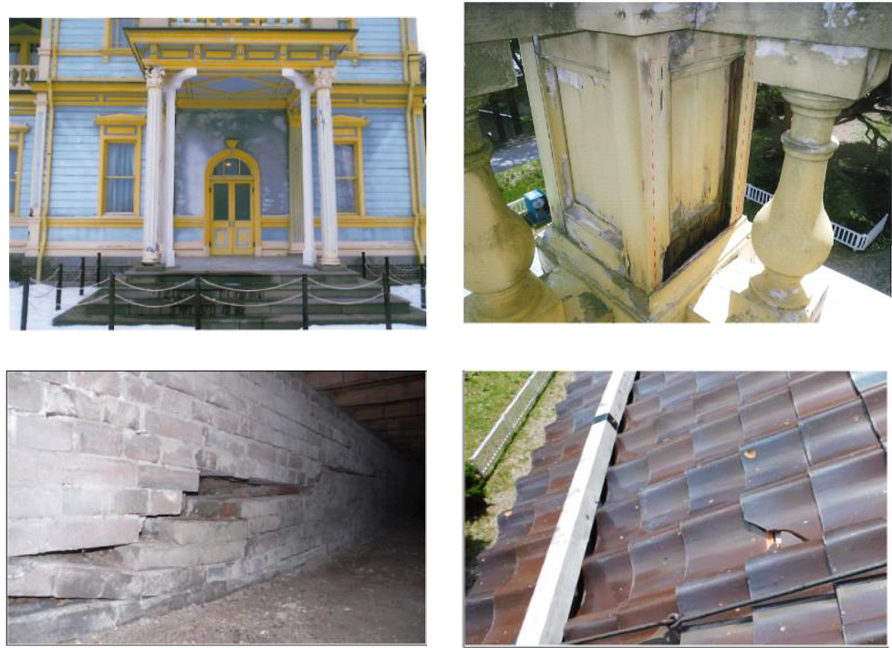 修理前の各所が傷み，建物に歪みが出ていたときの画像